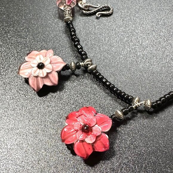 Artisan Made Floral Pendant Beaded Necklace With Pink Black Glass Beads - Picture 3 of 4